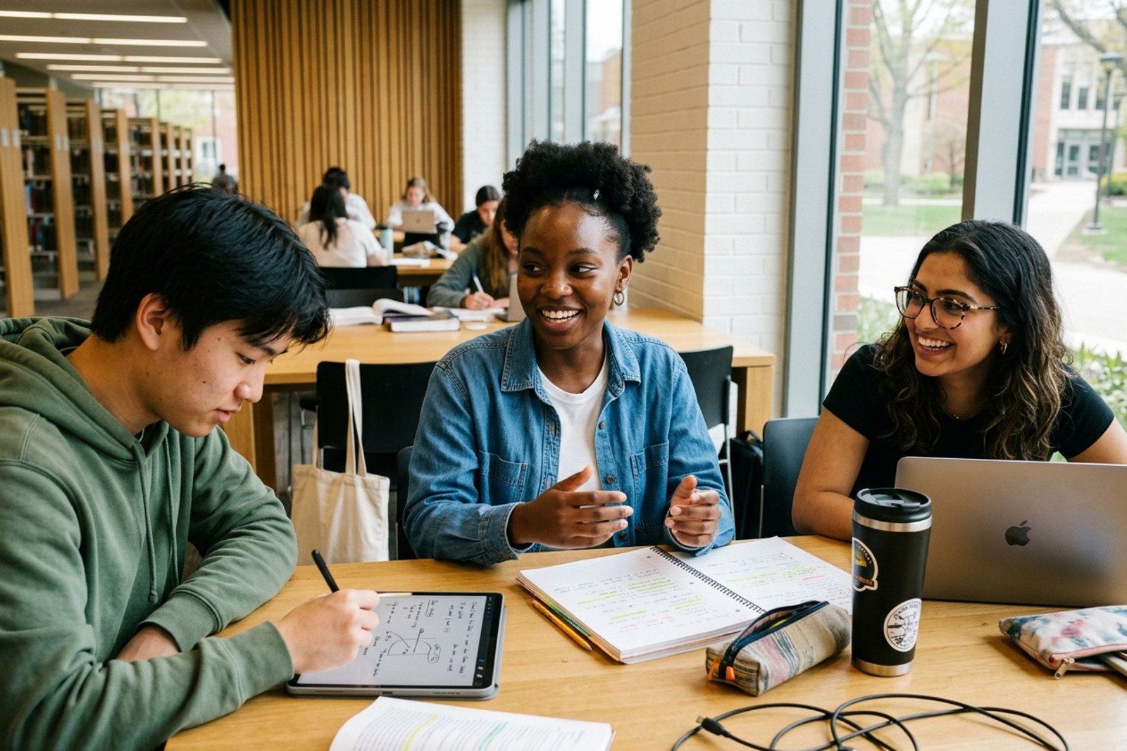 Atlas College students collaborating around study table in campus lounge