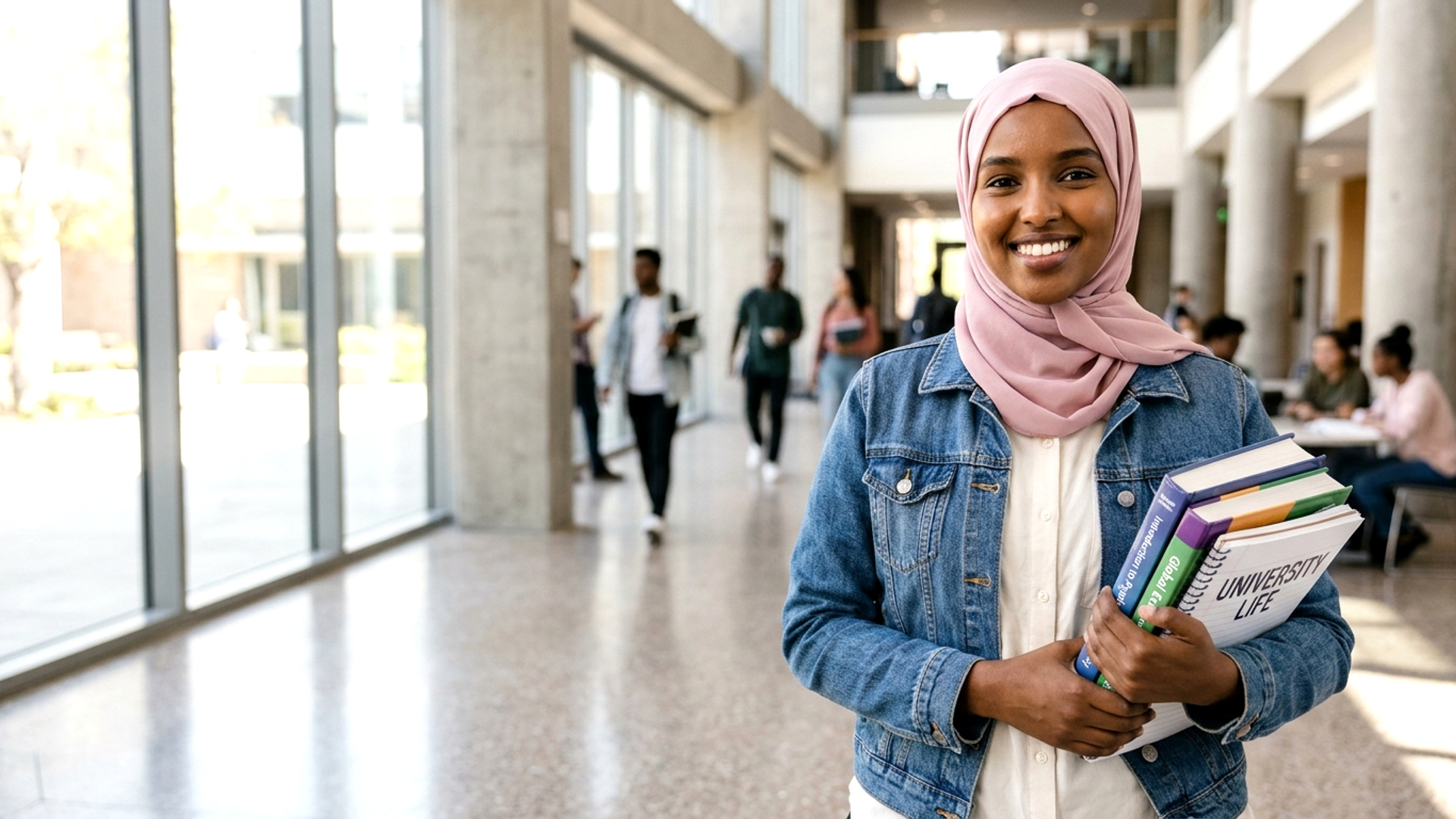 Young Kenyan college student holding books on campus